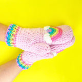 Pastel Rainbow Cloud Mittens - Baby Pink Crocheted Hand Warmers with Pastel Rainbow Striped Cuffs and Pastel Rainbow Motifs with White Clouds by VelvetVolcano