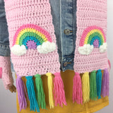 Pastel Rainbow Cloud Chunky Crochet Scarf - Baby Pink Long Scarf with Pastel Rainbow Tassels, Rainbow and Cloud Motif by VelvetVolcano - Kawaii, Fairy Kei Winter Scarf