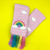 Pastel Rainbow Cloud Chunky Crochet Scarf - Baby Pink Long Scarf with Pastel Rainbow Tassels, Rainbow and Cloud Motif by VelvetVolcano - Kawaii, Fairy Kei Winter Scarf