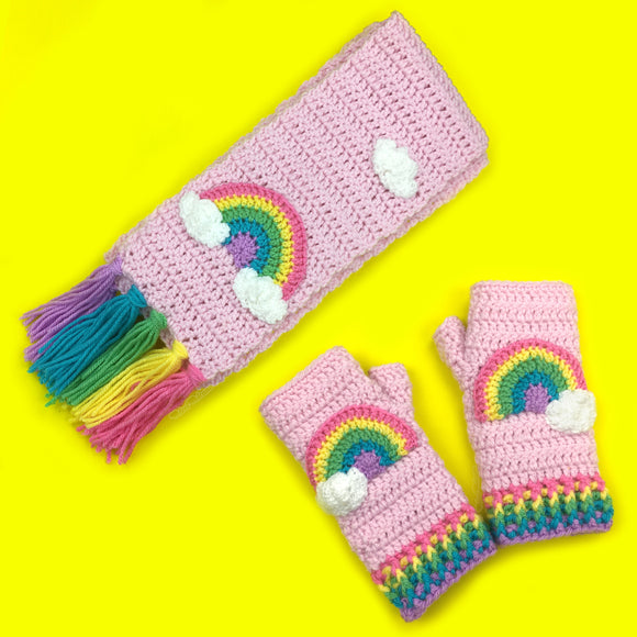 Chunky Baby Pink & Pastel Rainbow Cloud Crochet XL Scarf & Fingerless Gloves Set by VelvetVolcano