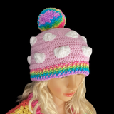 Pastel Rainbow Cloud Pom Pom Beanie - Baby Pink Crocheted Hat with White Clouds and Pastel Rainbow Pom Pom and Brim - Cute Kawaii Fairy Kei Winter Hat by VelvetVolcano