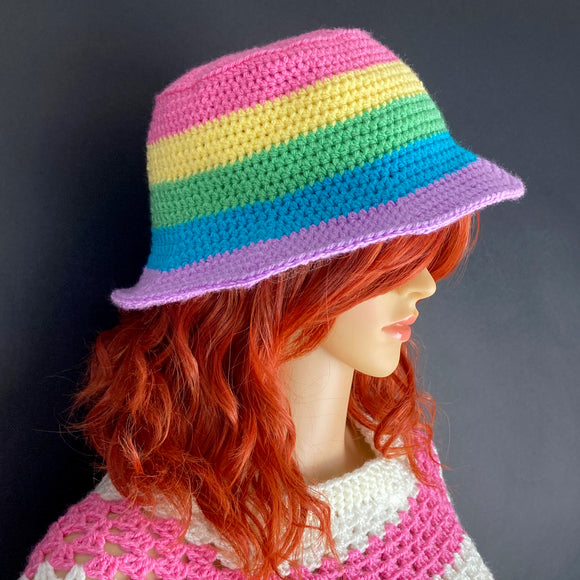 Pastel Rainbow Striped Bucket Hat - Bubblegum Pink, Daffodil Yellow, Spearmint Green, Turquoise and Lilac Striped Crochet Kawaii Sun Hat - Fairy Kei Summer Accessory by VelvetVolcano