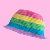 Pastel Rainbow Bucket Hat - Fairy Kei Candy Stripe Crocheted Sun Hat - Pink, Yellow, Green, Turquoise, Lilac Striped Kawaii Summer Hat by VelvetVolcano