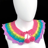 Kawaii Pastel Rainbow Striped Detachable Crocheted Collar - Bubblegum Pink, Pastel Yellow, Light Green, Turquoise and Lilac Striped Peter Pan Collar with Pom Pom Ties by VelvetVolcano