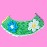 Cottagecore Pastel Rainbow Flower Collar - pastel green crocheted Peter Pan collar with white scalloped edge and daisy design in pastel rainbow shades