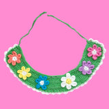 Kawaii Pastel Rainbow Flower Collar - Light green crocheted Peter Pan detachable collar with pastel coloured daisy design and a white scalloped edge