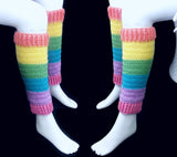 Pastel Rainbow Striped Women's Acrylic Crochet Knee High Leg Warmers by VelvetVolcano