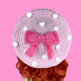 Custom Colour Vintage Inspired Polka Dot Bow Beret - Baby Pink, White & Bubblegum Pink Crochet Beret by VelvetVolcano