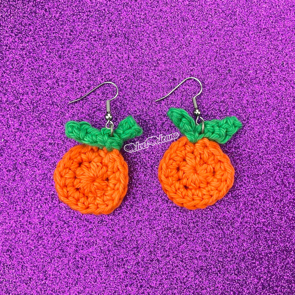 Crochet cotton pumpkin earrings with Surgical Steel and Stainless Steel Findings by VelvetVolcano