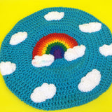 Turquoise / Bright Blue Crochet Beret Hat with Weather and Sky Themed Kawaii Rainbow Cloud Design by VelvetVolcano