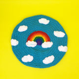 Bright Blue Crochet Beret Hat with Kawaii Rainbow Cloud Design by VelvetVolcano