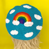 Turquoise Crochet Beret with Rainbow Cloud Design by VelvetVolcano