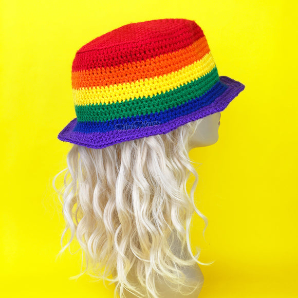 Rainbow Bucket Hat - Colourful Striped Unisex Teen & Adult Crochet Sun Hat by VelvetVolcano