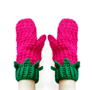 Hot Pink crochet mittens in a bobble stitch with green cuffs and leaf details. Raspberry Mittens by VelvetVolcano