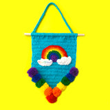 Rainbow Cloud Pennant Wall Hanging - Colourful Turquoise & ROYGBIV Pom Pom Home Decor by VelvetVolcano