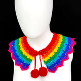 Rainbow Striped Detachable Peter Pan Collar - Crocheted Red, Orange, Yellow, Green, Turquoise, Royal Blue, Violet and Hot Pink Lacy Style Removable Collar with Pom Pom Ties by VelvetVolcano
