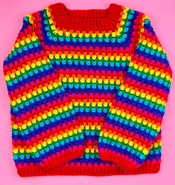 Bright Rainbow Striped Jumper - Baby, Childrens and Womens Raglan Granny Stripe Crochet Sweater by VelvetVolcano