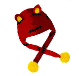 Half red, half burgundy Frankenstein's Monster inspired crochet cat ear, ear flap beanie with yellow inner ears and pom poms. Custom Colour FrankenKitty Ear Flap Beanie by VelvetVolcano