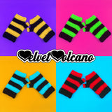 VelvetVolcano Striped Fingerless Gloves. Image shows a pop art style collage of Striped Fingerless Gloves in the colour combinations - Yellow & Black, Neon Green & Black, Turquoise & Black and Rose Red & Black