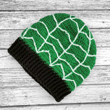 Green slouchy crochet beanie with white spider web / cobweb design and black ribbed brim by VelvetVolcano