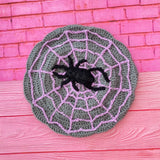 Grey crochet beret with lilac cobweb and black spider detail. Spider Web Beret (Custom Colour) by VelvetVolcano