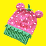 Bubblegum Pink and Spearmint Green Crocheted Strawberry Theme Balaclava with Bear Ears by VelvetVolcano