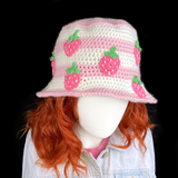Strawberry Stripe Bucket Hat - Fairy Kei Baby Pink & White Striped Crocheted Sun Hat with Bubblegum Pink & Spearmint Green Strawberry Pattern by VelvetVolcano