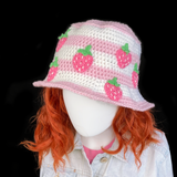 Strawberry Stripe Bucket Hat - Kawaii Baby Pink & White Striped Crocheted Sun Hat with Bubblegum Pink & Spearmint Green Strawberry Pattern by VelvetVolcano