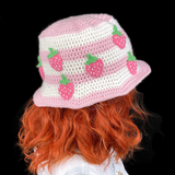 Strawberry Stripe Bucket Hat - Kawaii Baby Pink & White Striped Crocheted Sun Hat with Bubblegum Pink & Spearmint Green Strawberry Pattern by VelvetVolcano