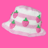 Strawberry Stripe Bucket Hat - Kawaii Baby Pink & White Striped Crocheted Sun Hat with Bubblegum Pink & Spearmint Green Strawberry Pattern by VelvetVolcano