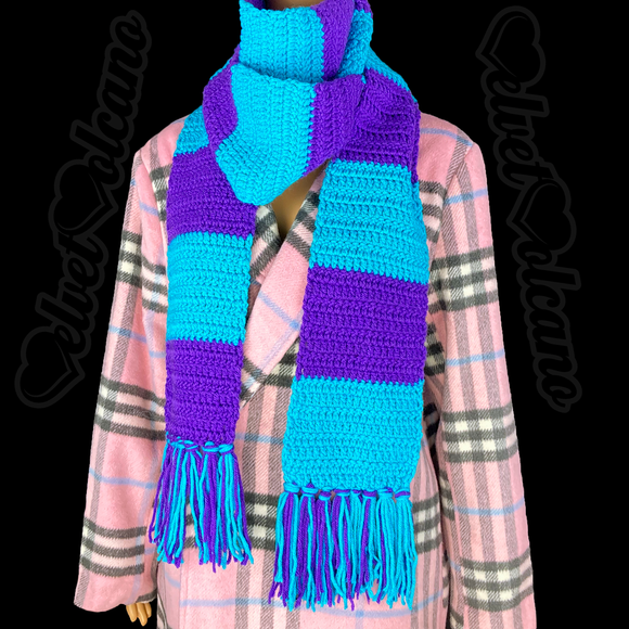 Purple and Turquoise Chunky Striped Crocheted Scarf - Colourful Extra Long Stripy Winter Scarf with Tassels by VelvetVolcano