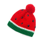 Red, White and Emerald Green fruit / melon themed bobble hat with black rhinestone seeds. Watermelon Pom Pom Beanie (Custom Colour) by VelvetVolcano