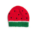 Rose red, white and emerald green crochet slouch hat in a fruit / melon design with black rhinestone seeds. Watermelon Slouchy Beanie (Custom Colour) by VelvetVolcano