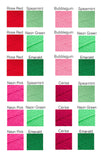 VelvetVolcano Berry Shades Acrylic Yarn Colour Chart showing Rose Red, Neon Pink, Bubblegum Pink and Cerise with Spearmint Green, Neon Green and Emerald Green.