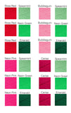 VelvetVolcano Watermelon and Strawberry Yarn Colour Chart that shows the combination of Rose Red, Bubblegum Pink, Neon Pink and Cerise with either Spearmint Green, Emerald or Neon Green.