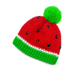 Red, White and Neon Green fruit / melon themed bobble hat with black rhinestone seeds. Watermelon Pom Pom Beanie (Custom Colour) by VelvetVolcano