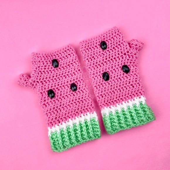 Bubblegum Pink, White and Pastel Green Fruit Themed Melon Hand Warmers. Watermelon Fingerless Gloves (Custom Colour) by VelvetVolcano