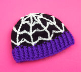 Kids Bespoke Spider Web Beanie - Black, Purple & White Baby & Child Crochet Cobweb Winter Hat by VelvetVolcano