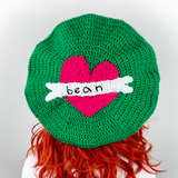 Custom Emerald Green and Cerise Pink Love Heart Tattoo Crochet Beret by VelvetVolcano