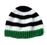 White and Black striped crochet beanie with green ribbed brim by VelvetVolcano
