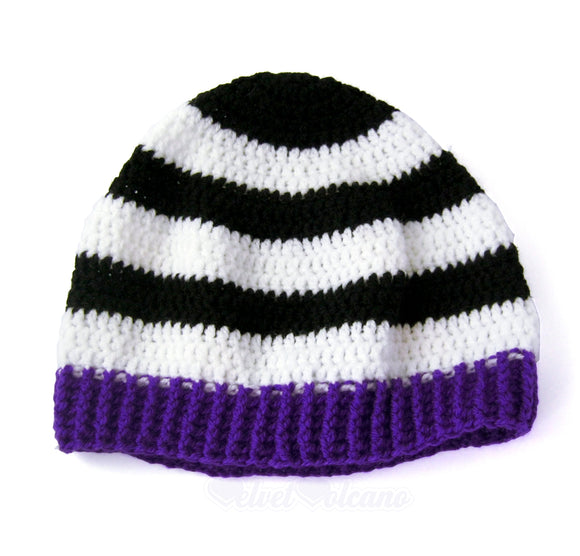 White and Black striped crochet beanie with purple ribbed brim by VelvetVolcano