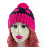 Hot Pink & Black Heart Print Pom Pom Acrylic Crochet Beanie by VelvetVolcano