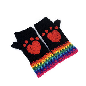 Black Crochet Fingerless Gloves with Red Heart Shaped Cat Paw Prints and Rainbow Striped Cuff by VelvetVolcano
