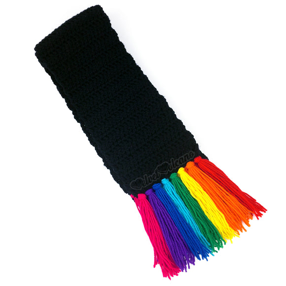 Chunky Black Crochet Scarf with Rainbow Tassels by VelvetVolcano