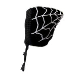 Spooky black crochet elf hood with white cobweb design. Spider Web Pixie Hood (Custom Colour) by VelvetVolcano