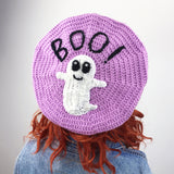 Lilac crochet beret with white smiley ghost applique and black BOO! lettering (BOO! Ghost Beret - Custom Colour Crochet Pastel Goth Hat by VelvetVolcano)