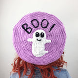 Spooky Cute Lilac, Black & White Crochet Beret - Handmade Pastel Goth Hat with Ghost and BOO! detail by VelvetVolcano