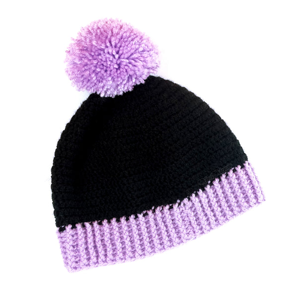 Duotone Pom Pom Beanie - Custom Colour Crochet Acrylic Bobble Hat - Lilac & Black Winter Cap by VelvetVolcano