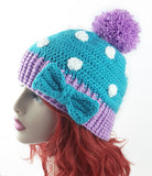 Turquoise, Lilac and White or Custom Colour Polka Dot Pom Pom Beanie with Bow Detail - Kawaii Sweet Lolita Hat by VelvetVolcano