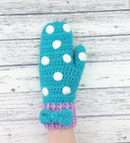Turquoise, Lilac and White or Custom Colour Crochet Polka Dot Mittens with Bow Detail for Girls or Women by VelvetVolcano